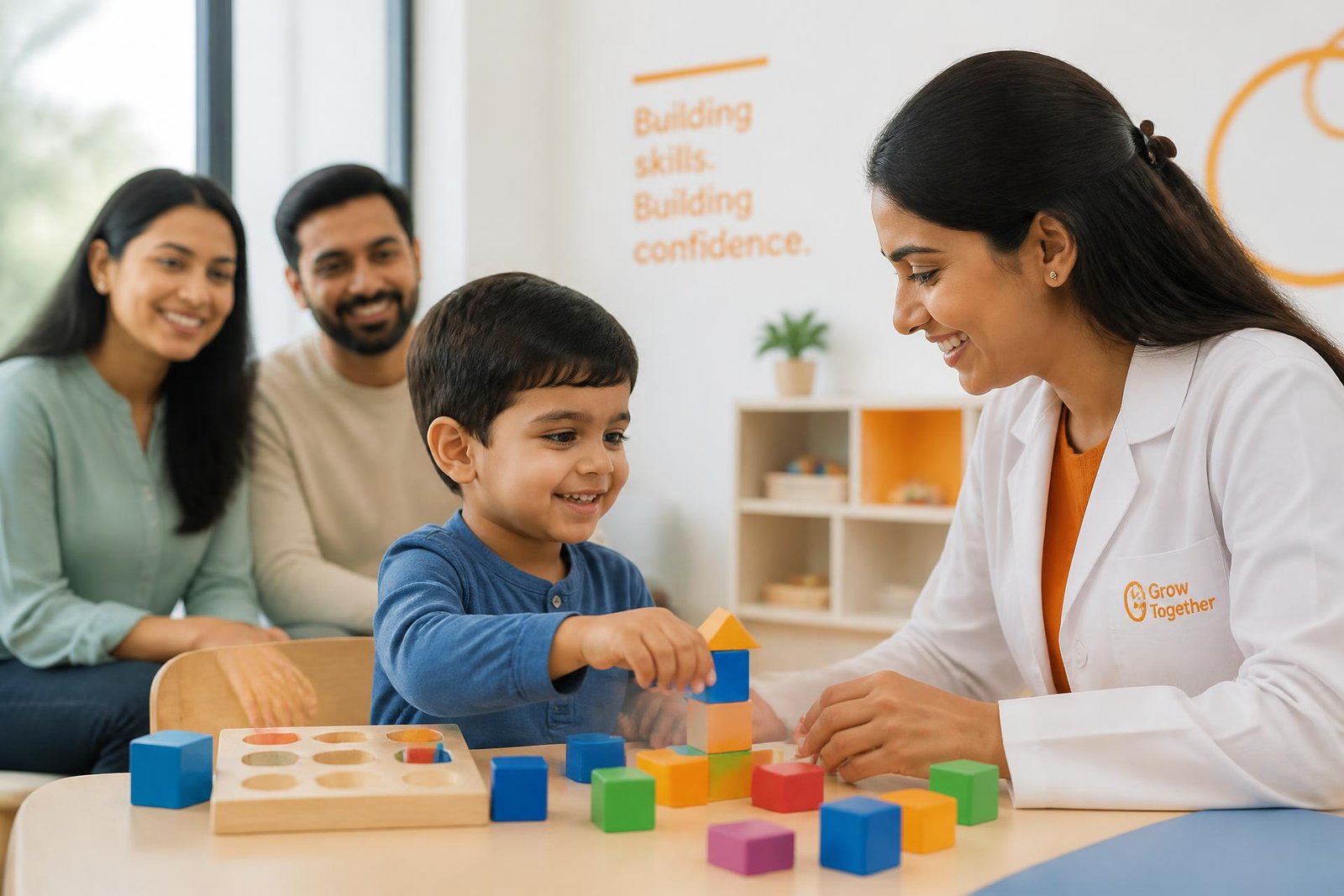 A smiling child playing with learning blocks alongside a paediatric therapist